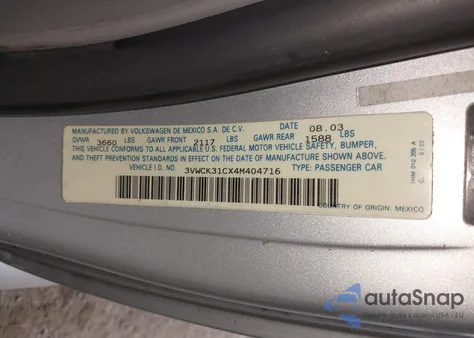 2004 Volkswagen New Beetle Gls 2.0L z USA, uszkodzony, nr VIN 3VWCK31CX4M404716